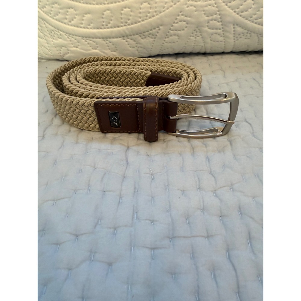Greg Norman Mens Braided Stretch Belt Tan Brown Leather Tab Shark Logo 42